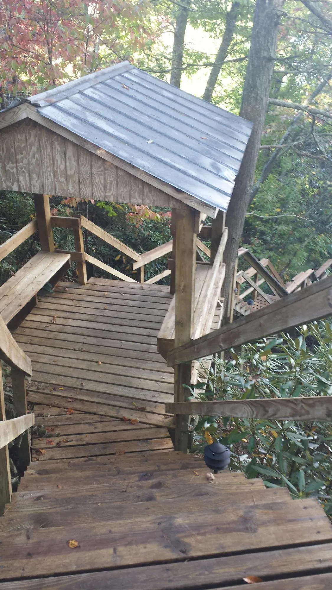 Metal roofed shelter over wooden steps on a wooded walkway — Skylight Repair & Installation work by our crew in Hanley Falls