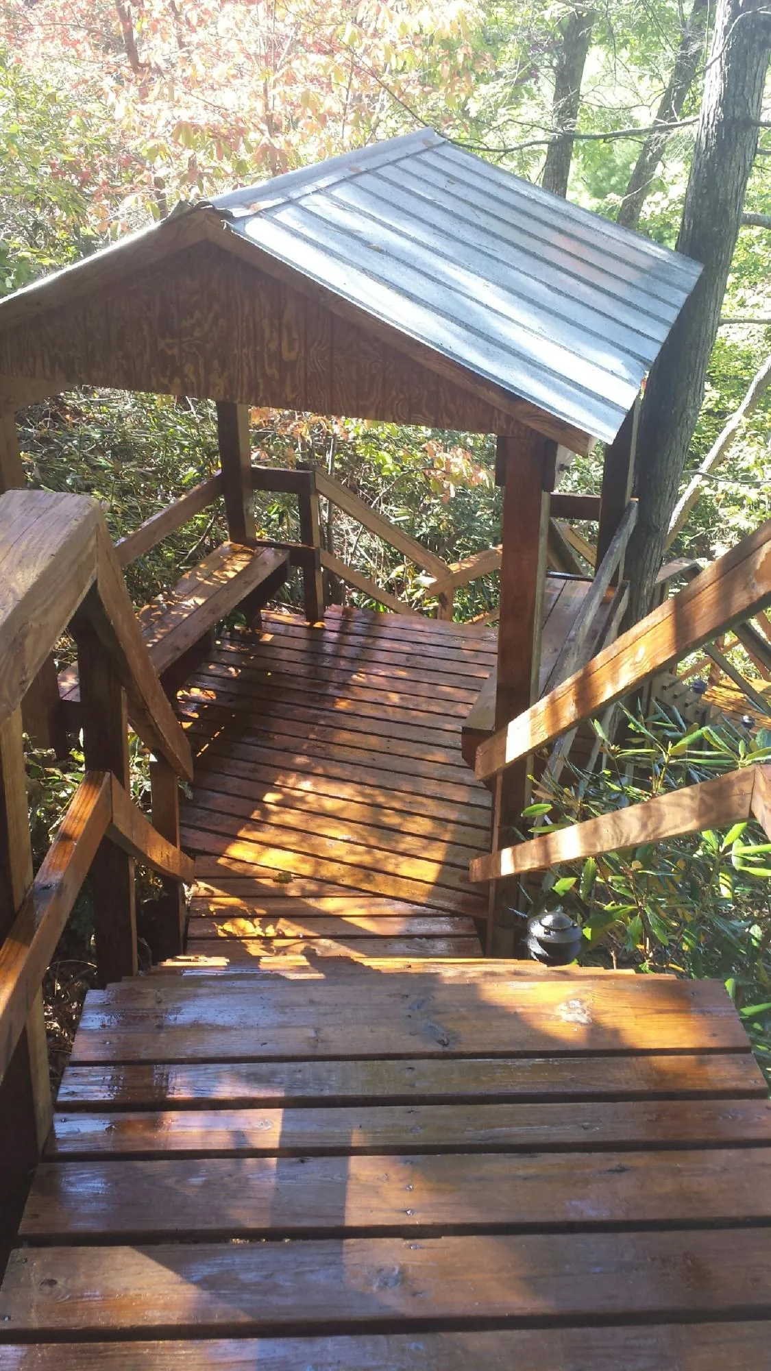 Freshly stained wood walkway and covered shelter with a metal roof in Hanley Falls